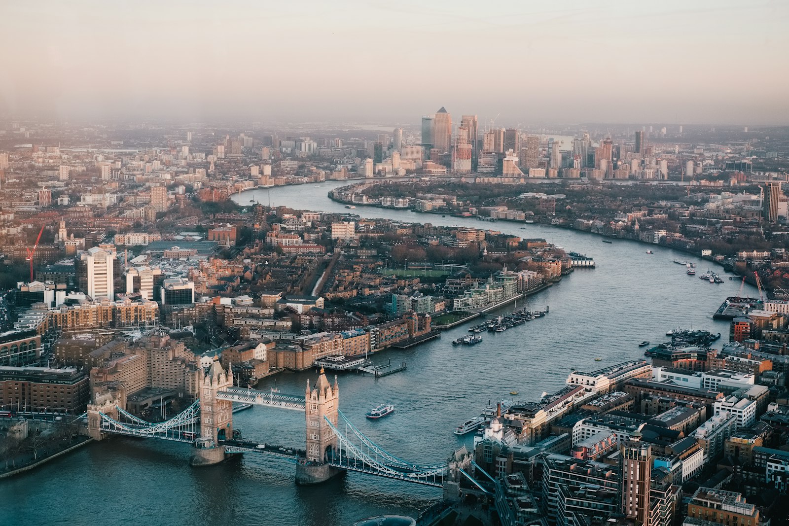 Aerial view of the City of London, the River Thames and Tower Bridge