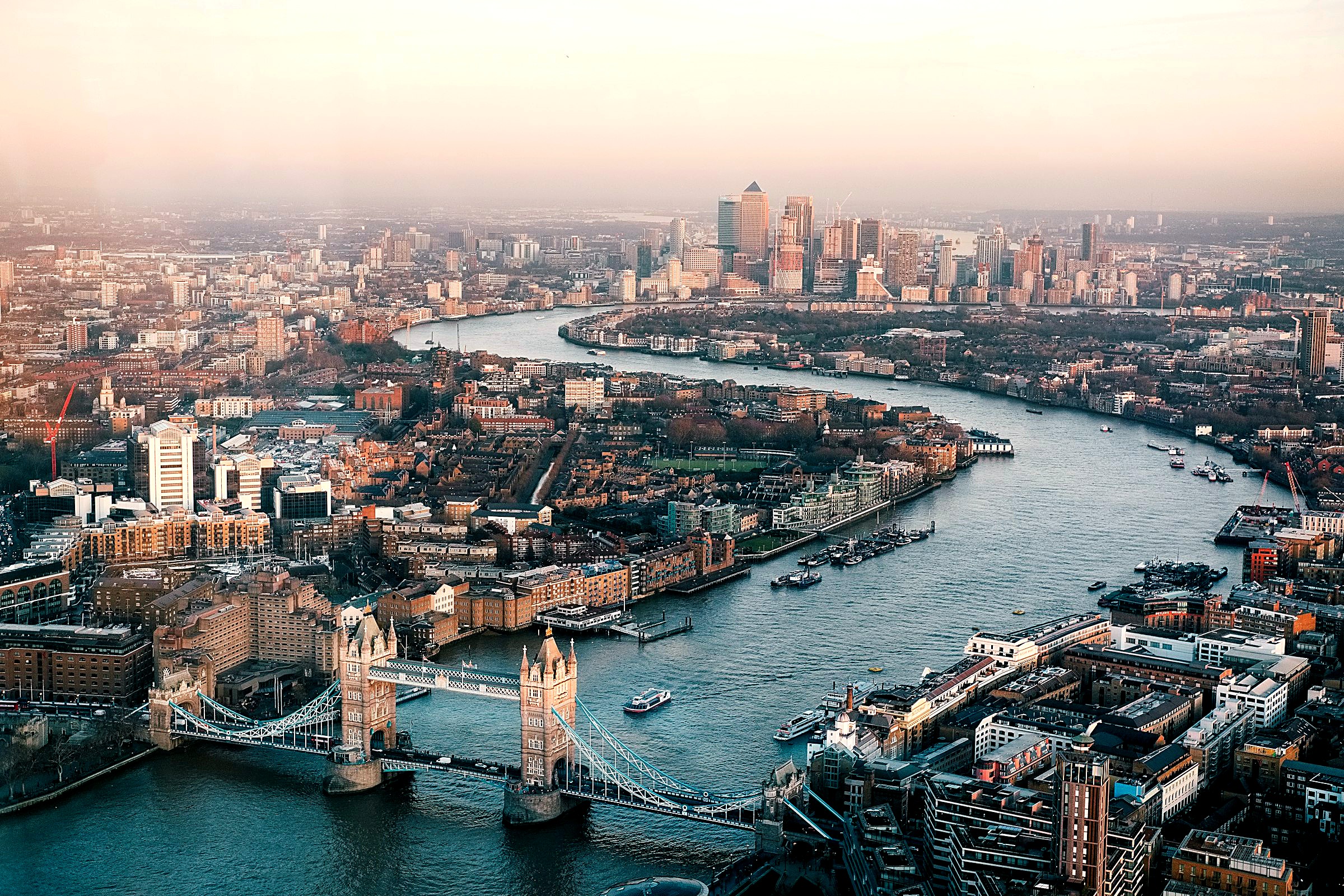 Aerial view of London, Tower Bridge and the Thames